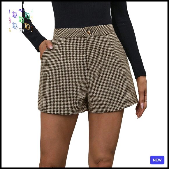 Elegant Plaid Houndstooth Wide Leg Mini Shorts High Waisted Work Casual